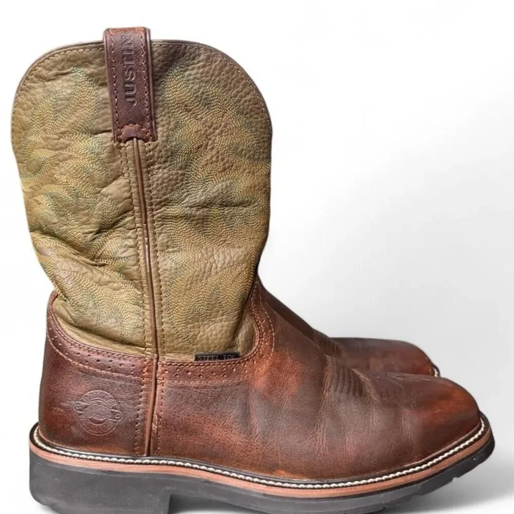 Justin Steel Toe Western Work Boots Men’s 12EE Brown Leather Wide Oil Resistant